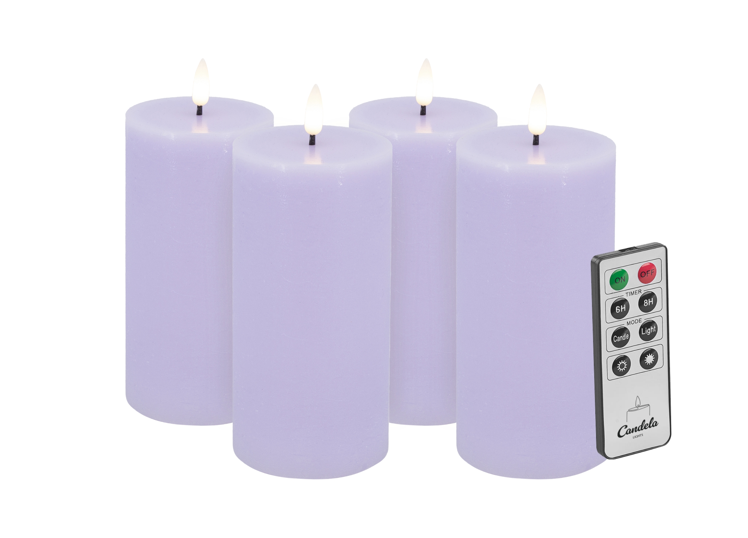 Candela LED Kerzen 4er Set H:15xØ7,5cm Summer Purple rustic Echtwachs mit Fernbedienung Timer Funktion & mehrstufig dimmbar flammenlos Echtwachskerzen Stumpenkerze