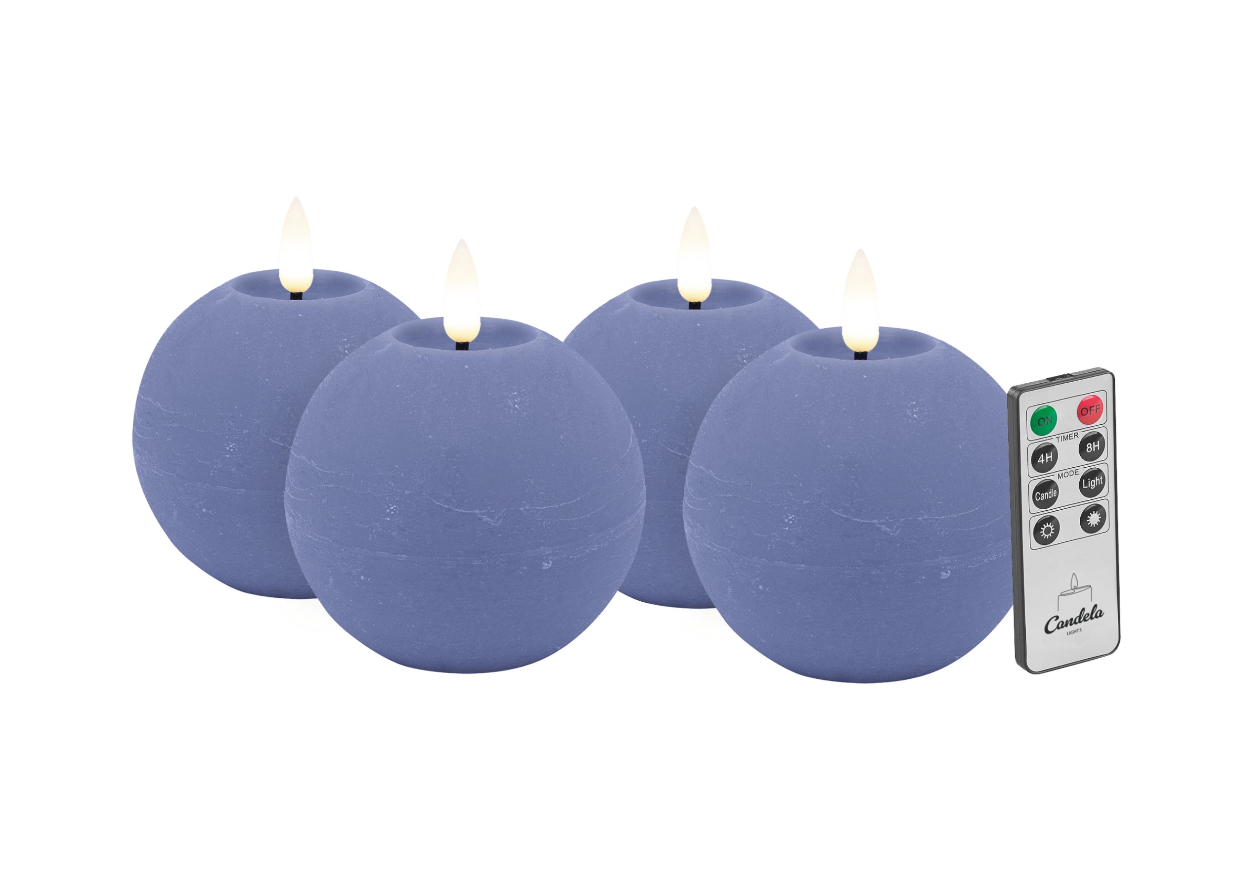 Candela LED Kerzen 4er Set H:8xØ10cm blue rustic Echtwachs mit Fernbedienung Timer Funktion & mehrstufig dimmbar flammenlos Echtwachskerzen Kugelkerze