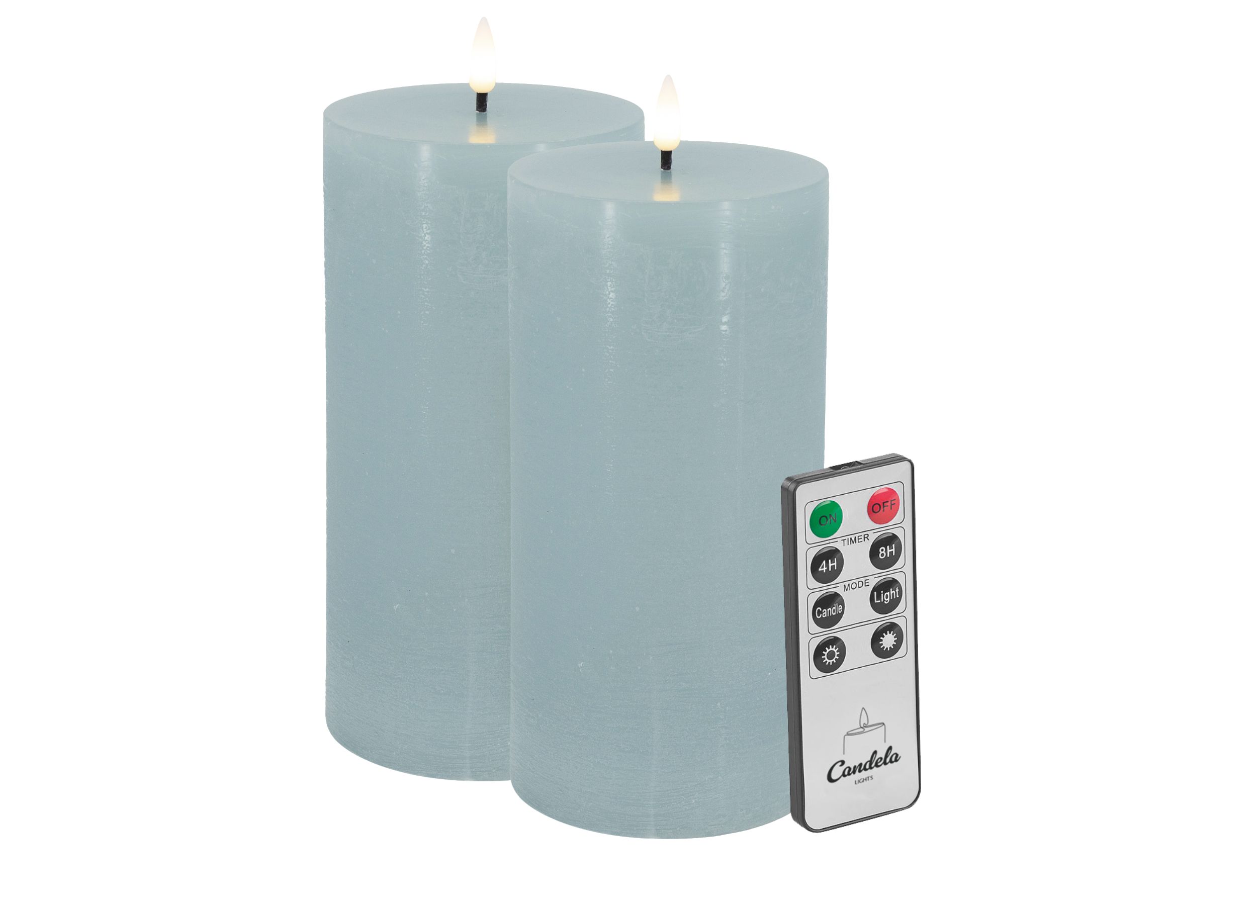 Candela Lights LED Kerzen 2er Set H:20xØ10cm Summer Blue rustic Stumpenkerze Echtwachs mit Fernbedienung & Timerfunktion Flammenlose flackernde LED-Kerze mehrstufig dimmbar