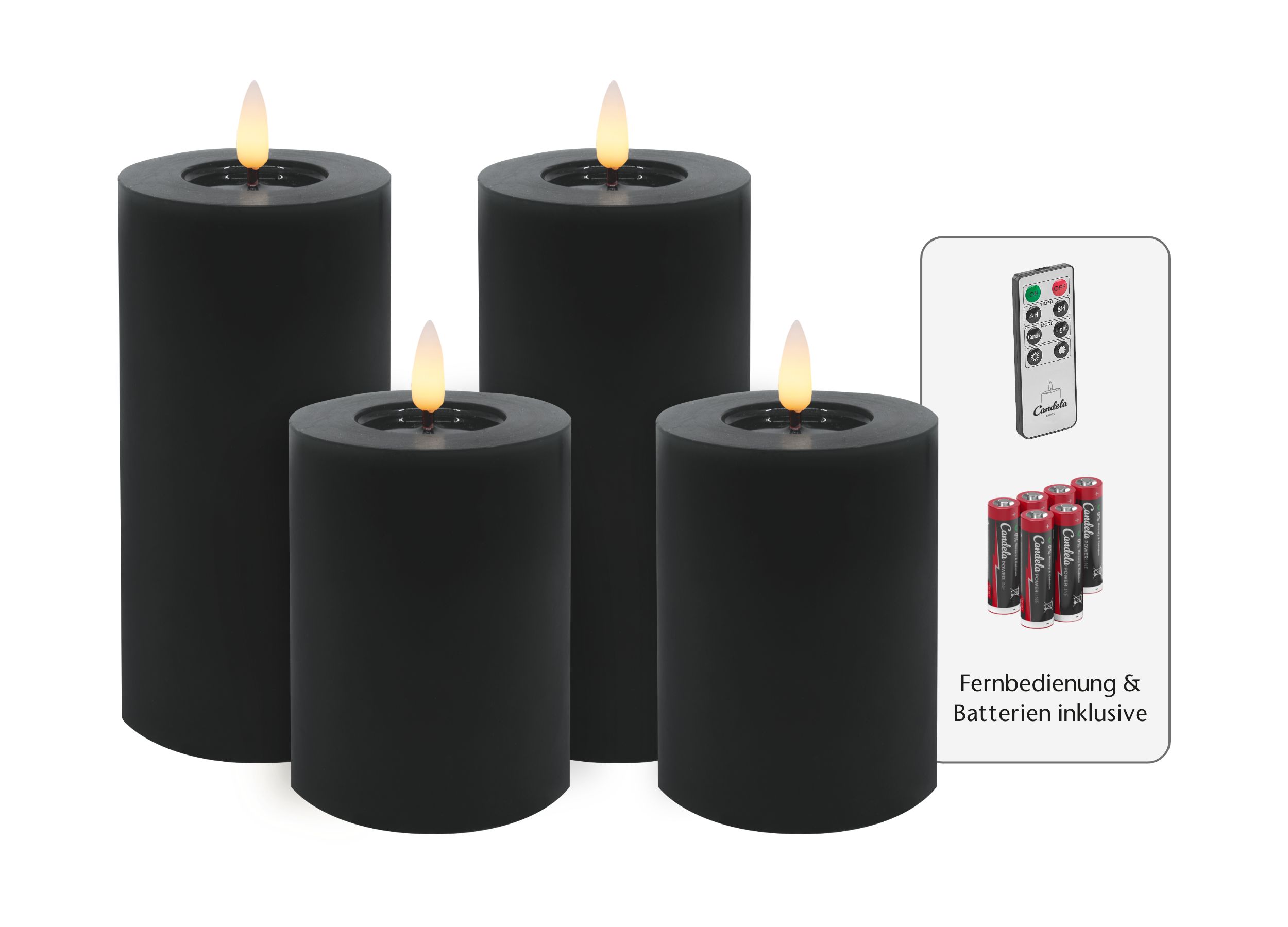 Candela Lights LED Kerzen 4er Set Winter Schwarz glatt Echtwachs inklusive Fernbedienung und 8 Batterien Timer Funktion & mehrstufig dimmbar flammenlos Echtwachskerzen Stumpenkerzen