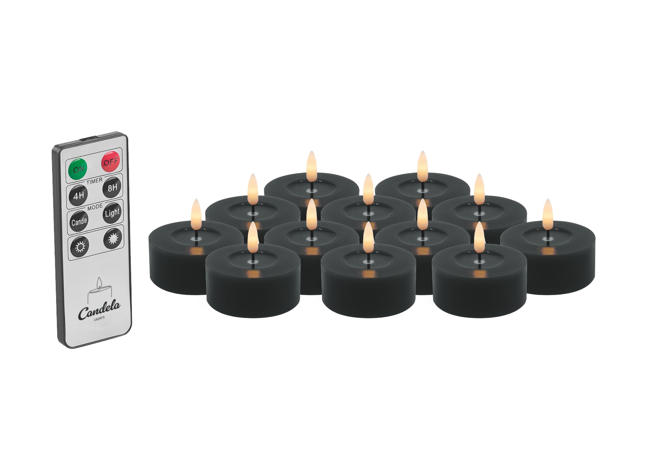 Candela Lights LED Kerzen 12er Set Ø6,8cm Winter schwarz glatt Echtwachs Teelicht mit Fernbedienung & Timerfunktion Flammenlose flackernde LED-Kerze mehrstufig dimmbar