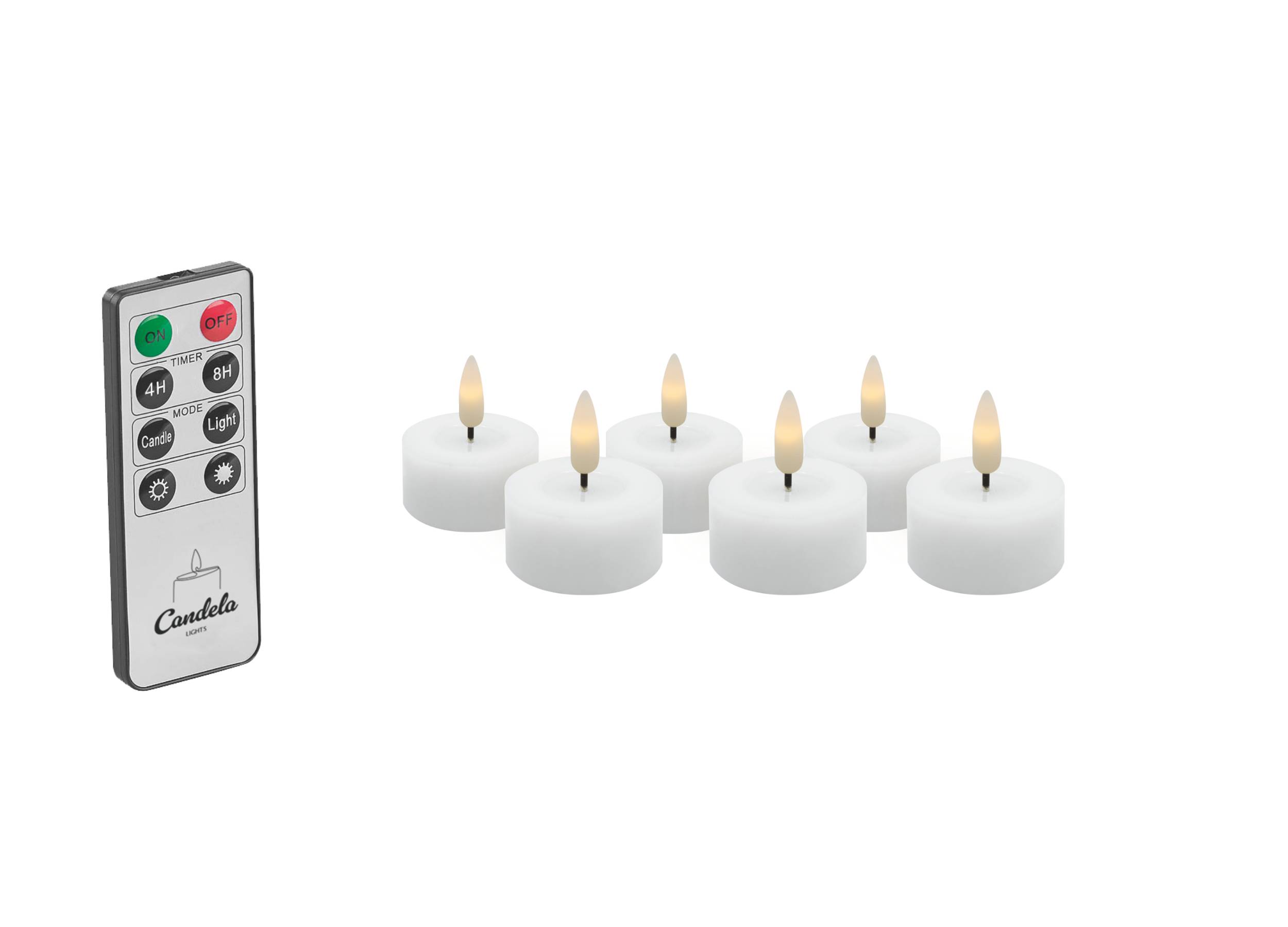 Candela Lights LED Kerzen 6er Set Ø4,5cm Winter weiß glatt Echtwachs Teelicht mit Fernbedienung & Timerfunktion Flammenlose flackernde LED-Kerze mehrstufig dimmbar