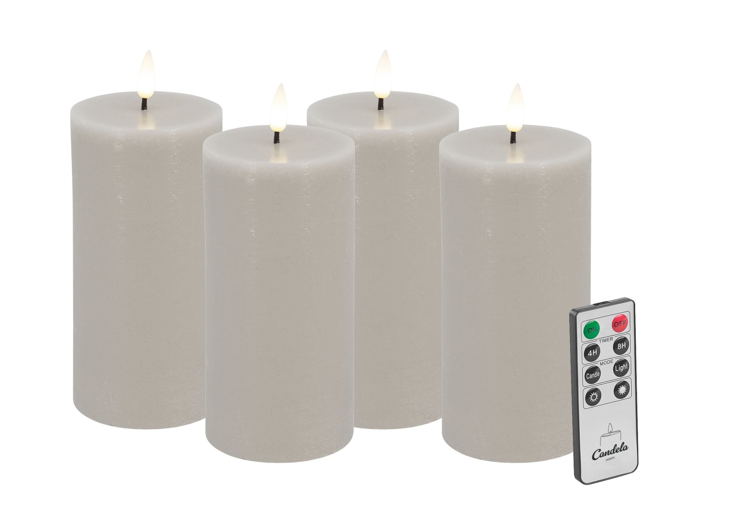 Candela LED Kerzen 4er Set H:15xØ7,5cm Sand rustic Echtwachs mit Fernbedienung Timer Funktion & mehrstufig dimmbar flammenlos Echtwachskerzen Stumpenkerze