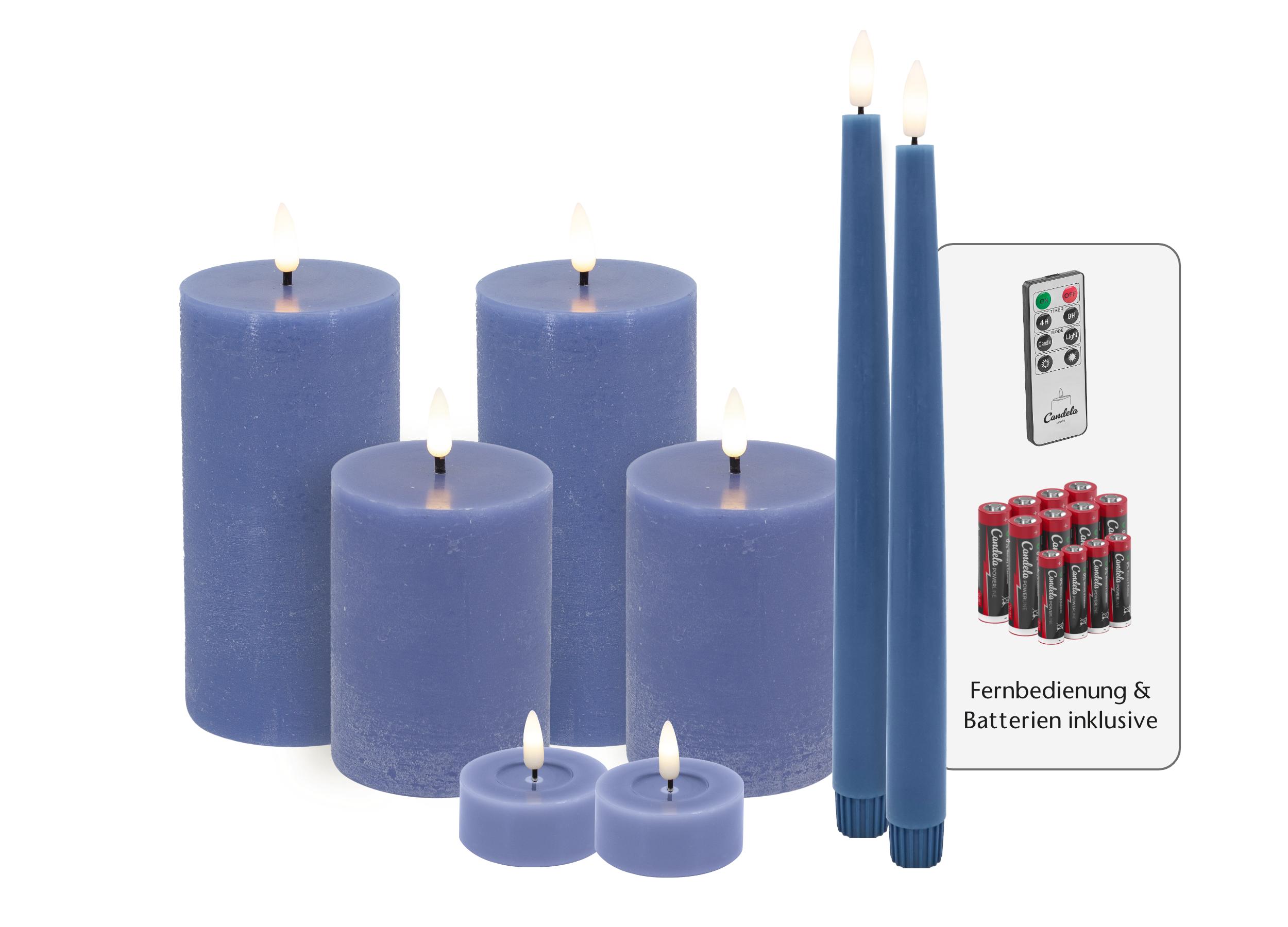 Candela Lights LED Kerzen 8er Set Basic Blau rustic Echtwachs inklusive Fernbedienung und Batterien Timer Funktion & mehrstufig dimmbar flammenlos Echtwachskerzen Stumpenkerzen