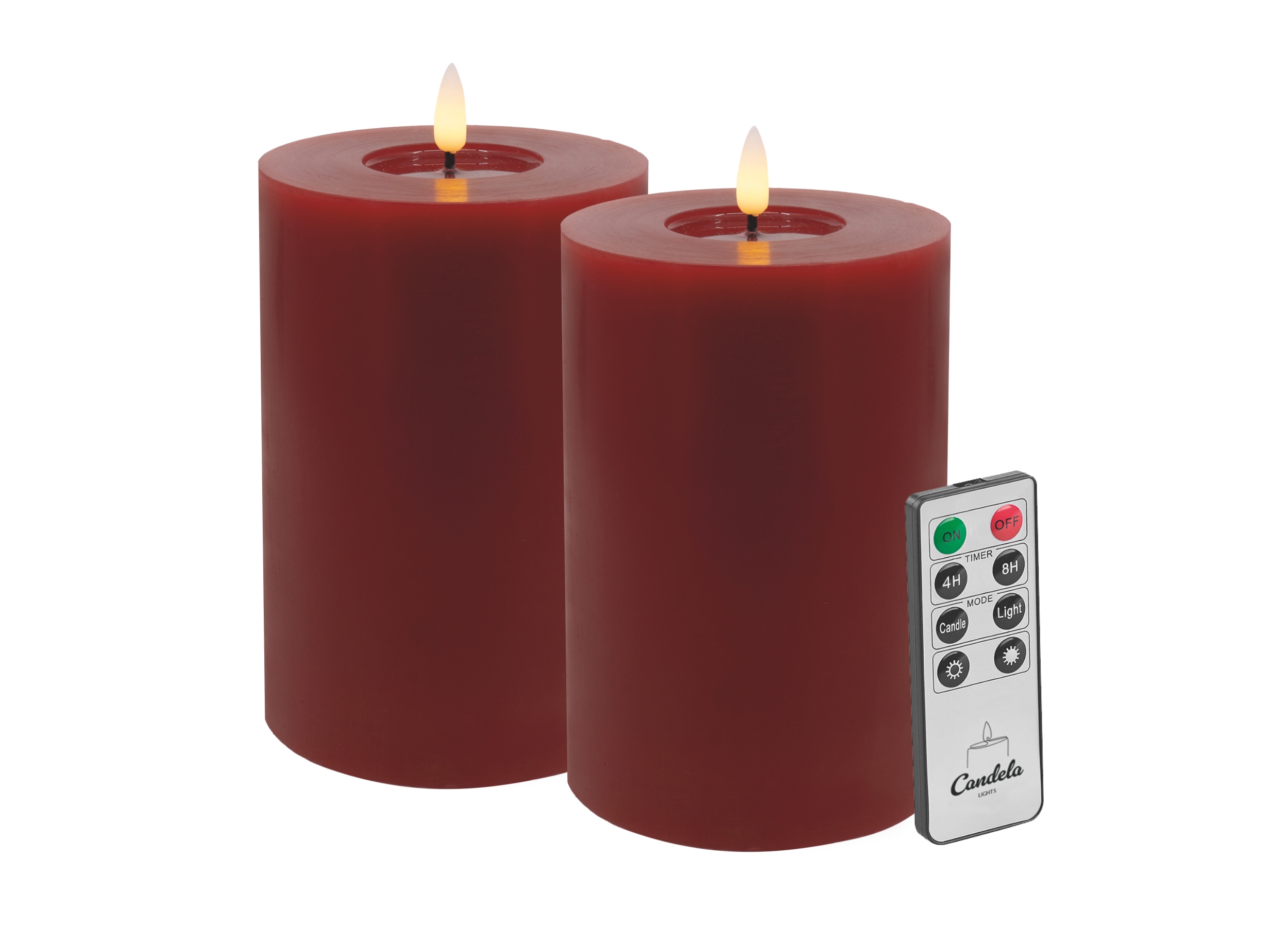 Candela LED Kerzen 2er Set H:15xØ10cm Winter rot glatt Echtwachs mit Fernbedienung Timer Funktion & mehrstufig dimmbar flammenlos Echtwachskerzen Stumpenkerze