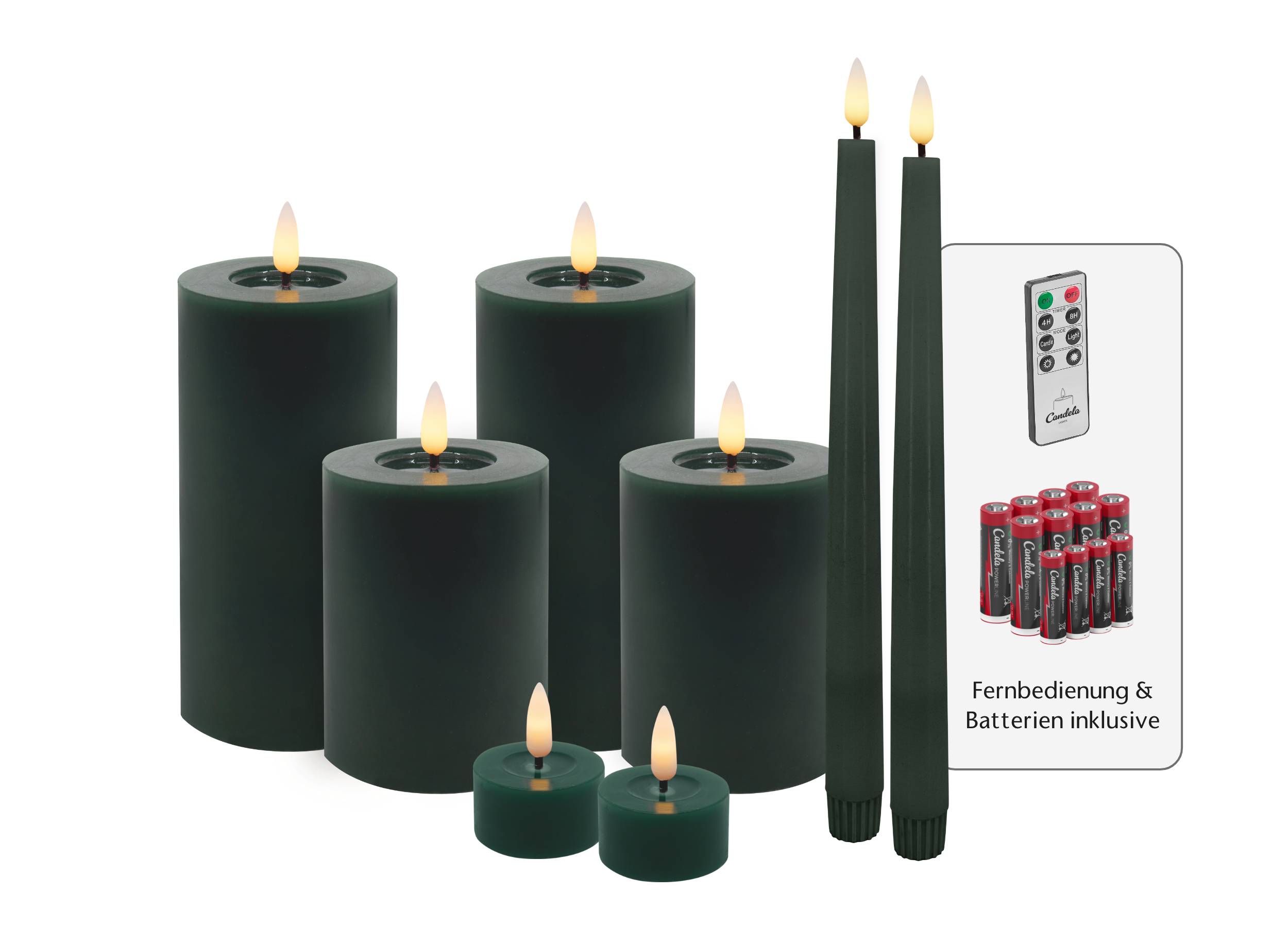 Candela Lights LED Kerzen 8er Set Winter Grün glatt Echtwachs inklusive Fernbedienung und Batterien Timer Funktion & mehrstufig dimmbar flammenlos Echtwachskerzen Stumpenkerzen