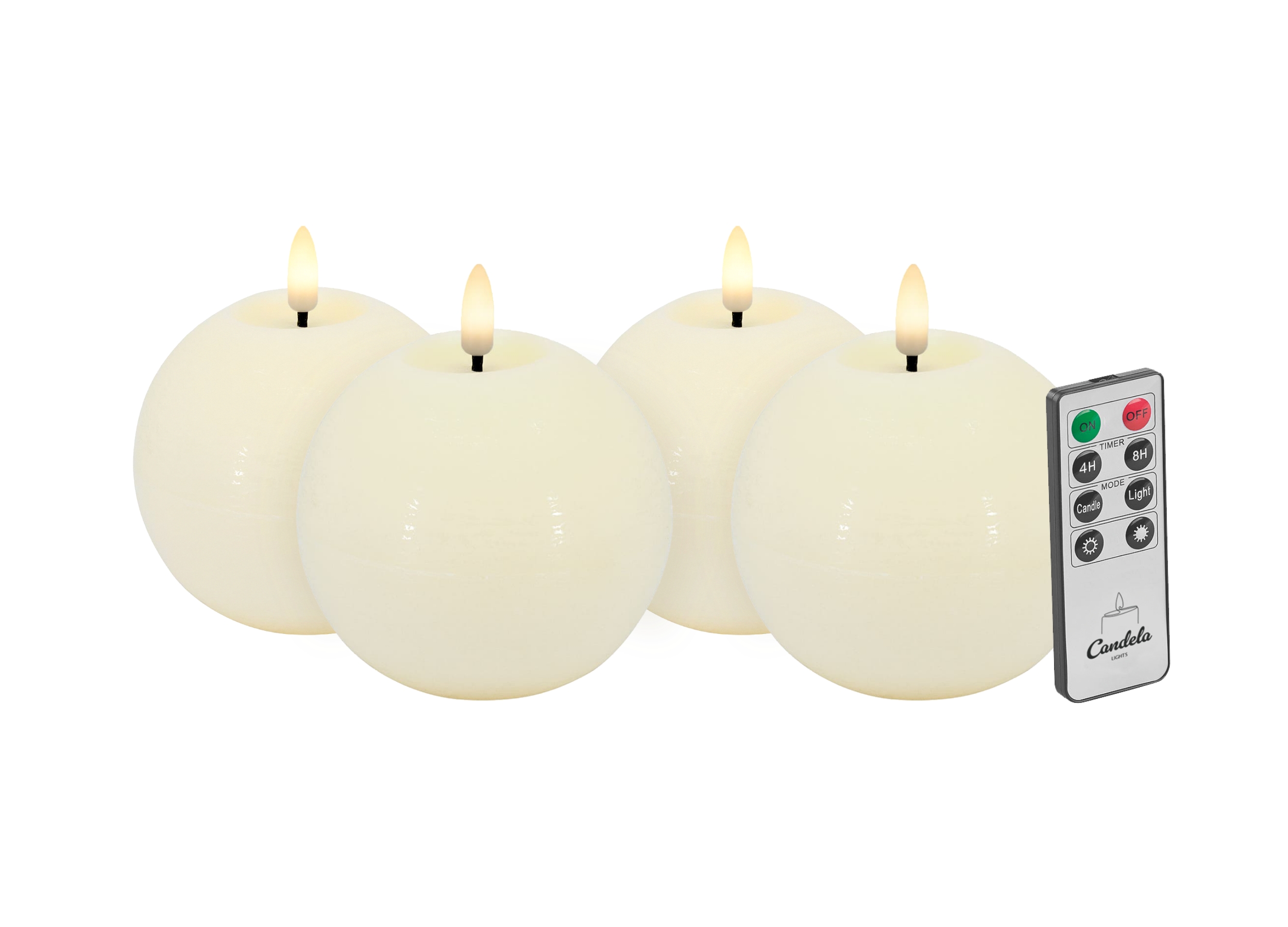 Candela Lights LED Kerzen 4er Set Ø8x7cm creme rustic Kugelkerze Echtwachs mit Fernbedienung & Timerfunktion Flammenlose flackernde LED-Kerze mehrstufig dimmbar