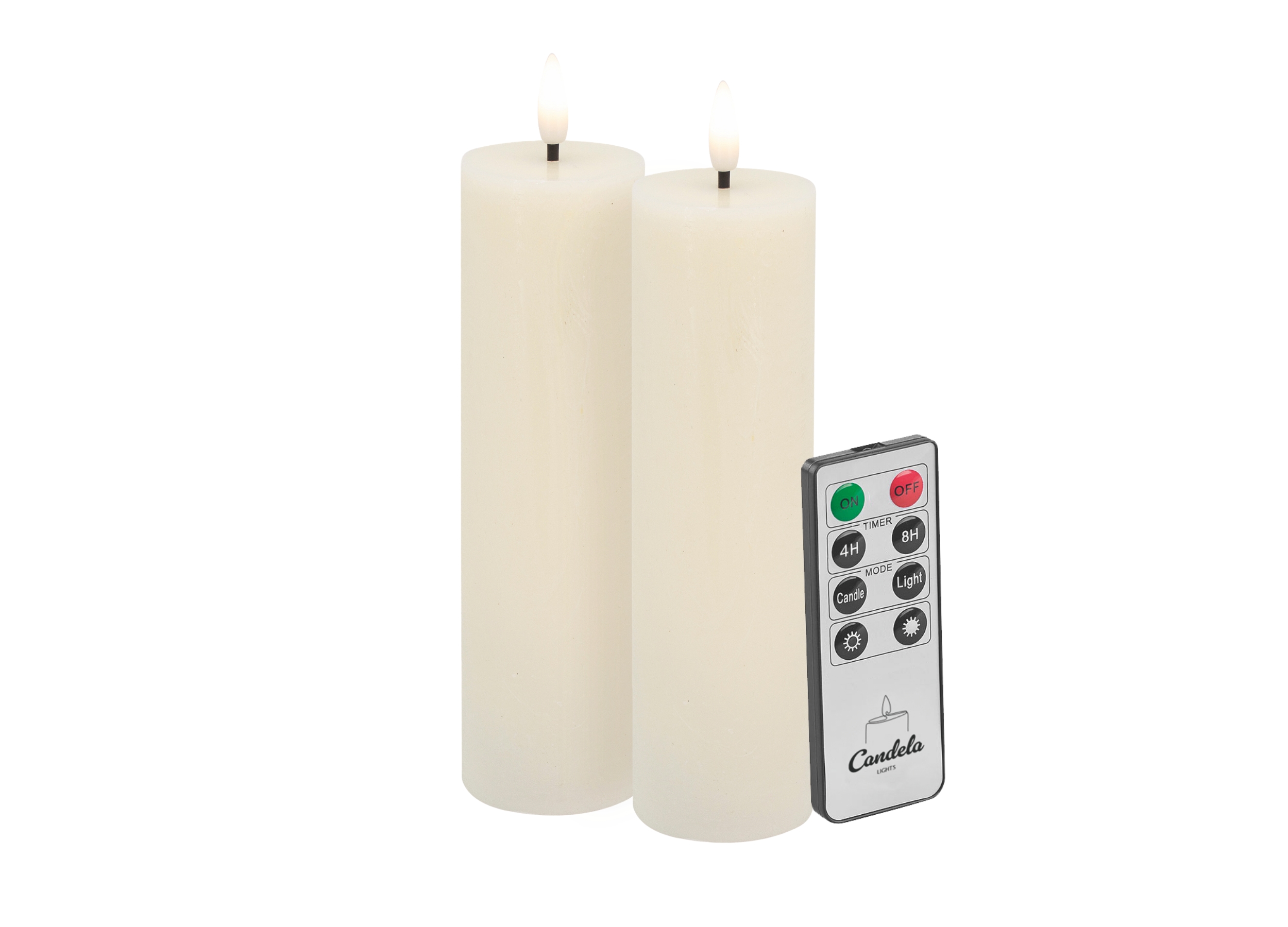 Candela LED Kerzen 2er Set H:17,5xØ5cm Creme rustic Echtwachs mit Fernbedienung Timer Funktion & mehrstufig dimmbar flammenlos Echtwachskerzen Stumpenkerze