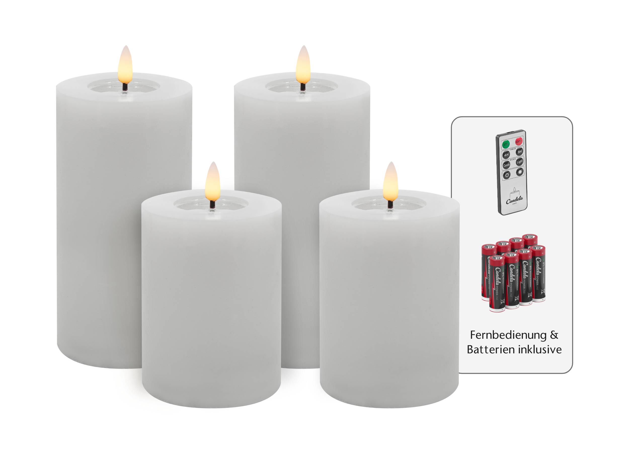 Candela Lights LED Kerzen 4er Set Winter Weiß glatt Echtwachs inklusive Fernbedienung und 8 Batterien Timer Funktion & mehrstufig dimmbar flammenlos Echtwachskerzen Stumpenkerzen