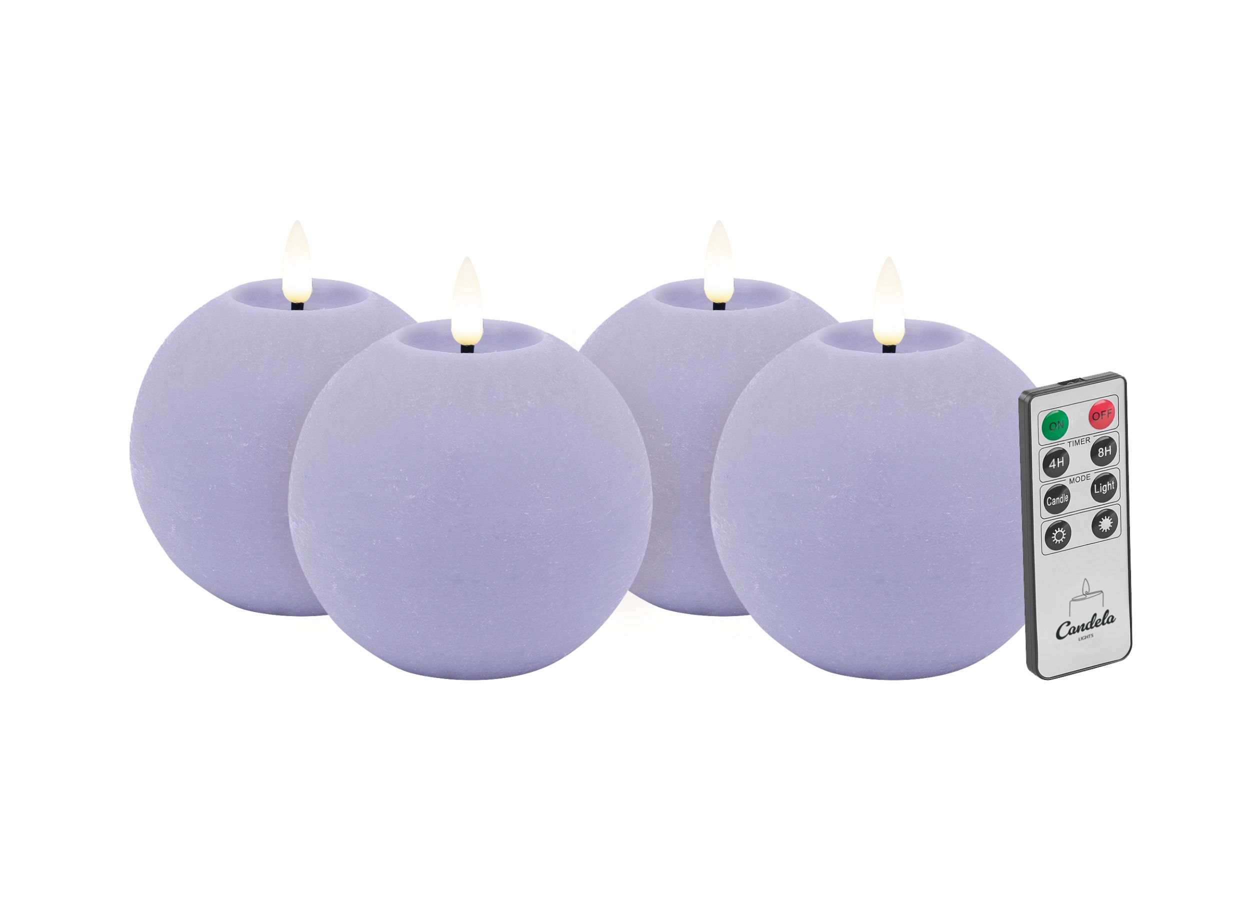 Candela Lights LED Kerzen 4er Set Ø8x7cm Summer Purple rustic Kugelkerze Echtwachs mit Fernbedienung & Timerfunktion Flammenlose flackernde LED-Kerze mehrstufig dimmbar