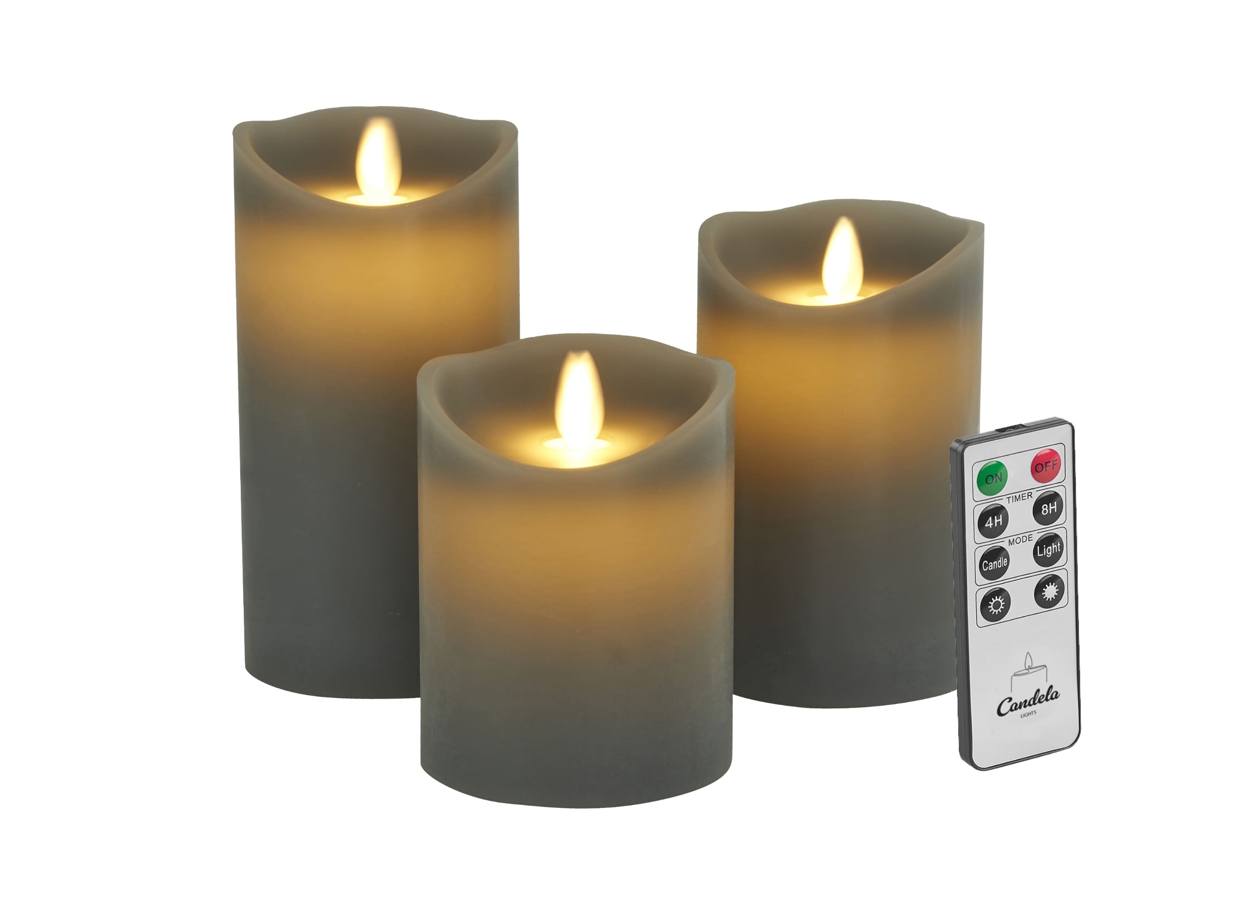 Candela Lights LED Kerzen 3er Set Stumpenkerze Grau Echtwachs mit Fernbedienung Timer Funktion & mehrstufig dimmbar bewegliche Flamme Echtwachskerzen