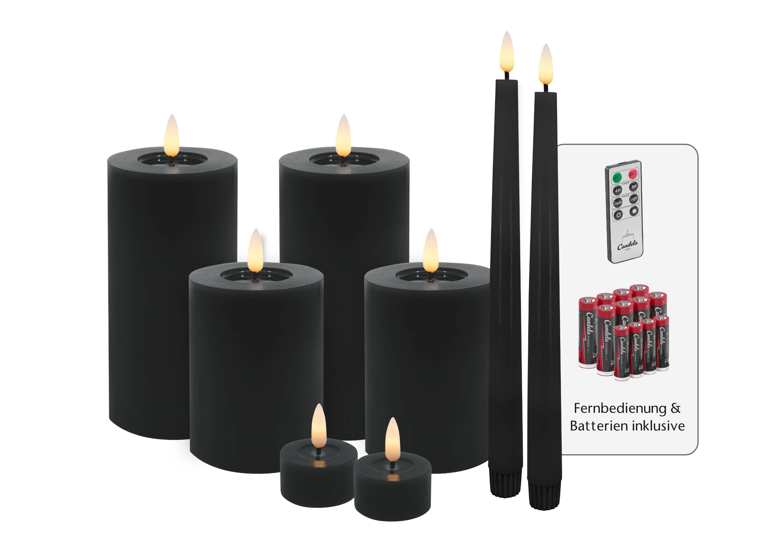 Candela Lights LED Kerzen 8er Set Winter Schwarz glatt Echtwachs inklusive Fernbedienung und Batterien Timer Funktion & mehrstufig dimmbar flammenlos Echtwachskerzen Stumpenkerzen