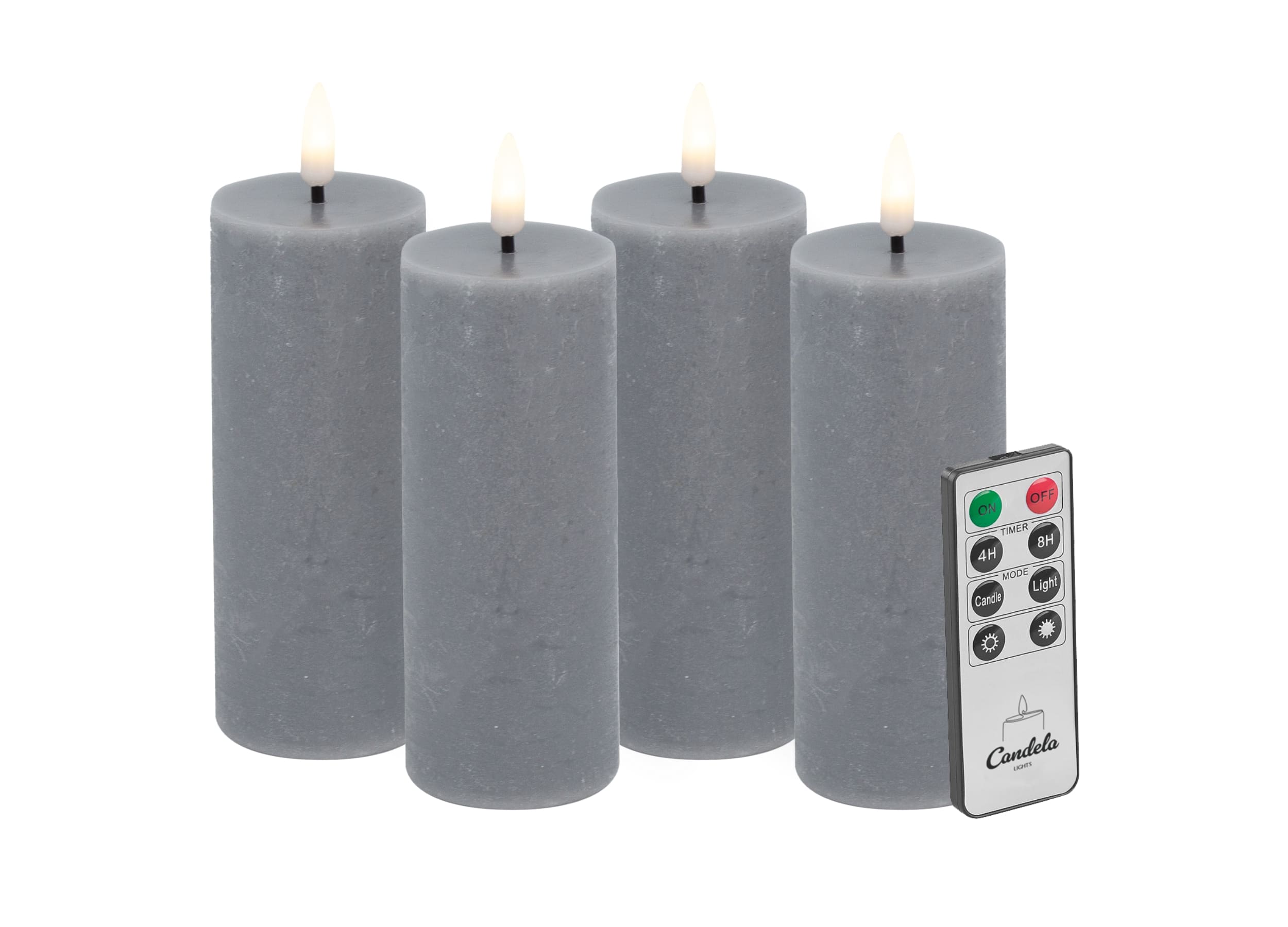 Candela Lights LED Kerzen 4er Set 10x5cm grau rustic Stumpenkerze  Echtwachs mit Fernbedienung & Timerfunktion Flammenlose flackernde LED-Kerze mehrstufig dimmbar