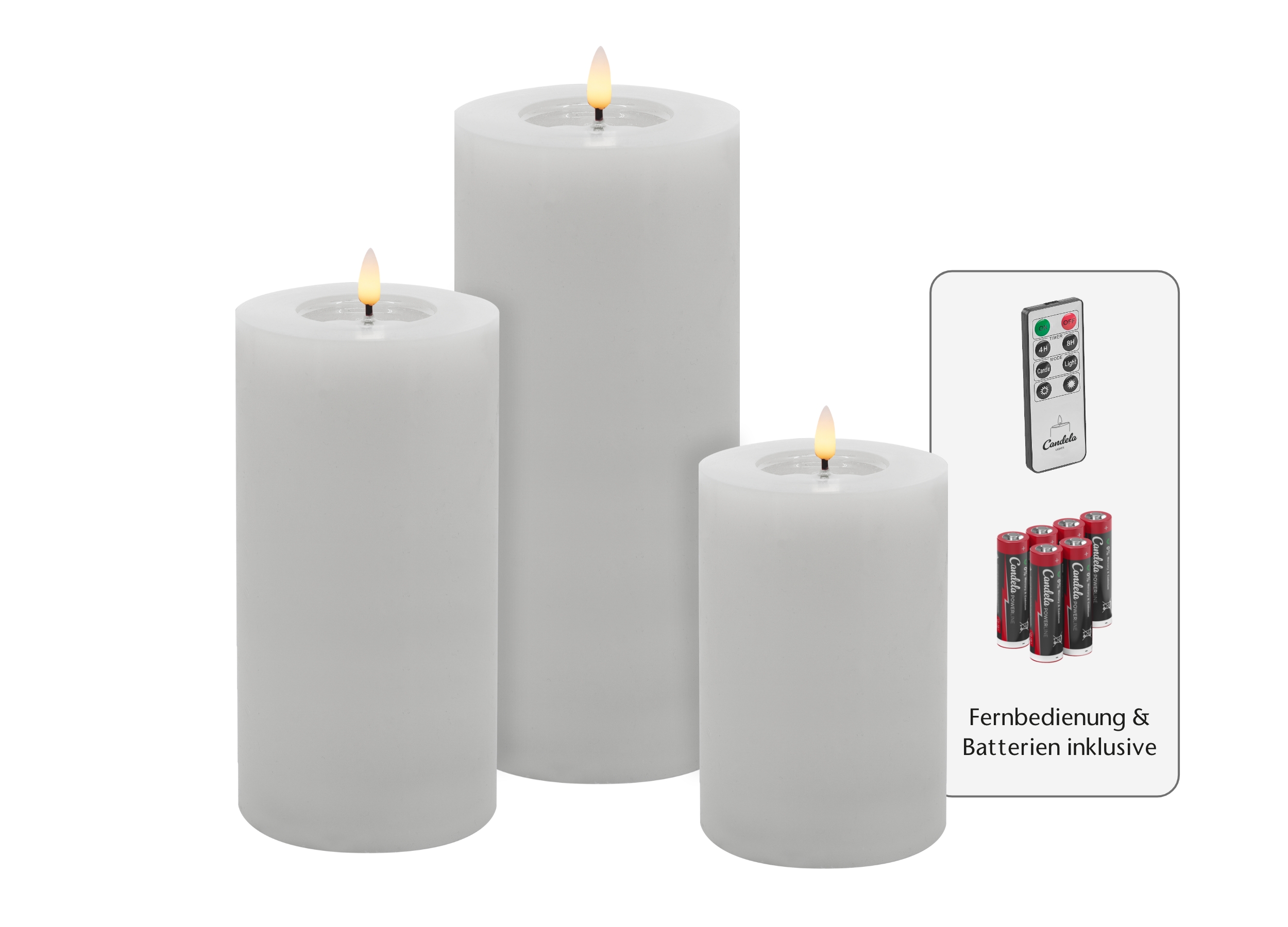 Candela Lights LED Kerzen 3er Set Winter Weiß glatt Echtwachs inklusive Fernbedienung und 6 Batterien Timer Funktion & mehrstufig dimmbar flammenlos Echtwachskerzen Stumpenkerzen