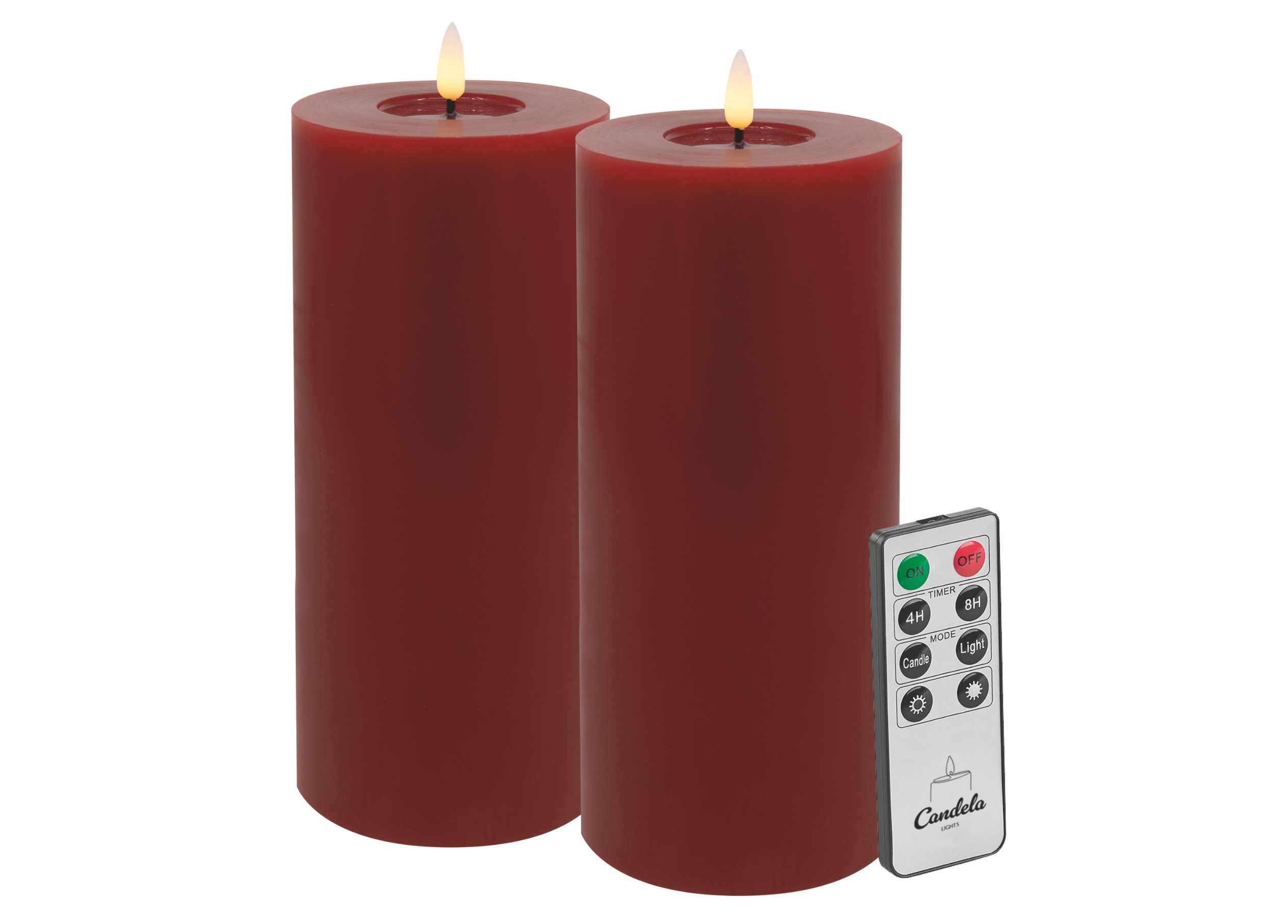 Candela LED Kerzen 2er Set H:25xØ10cm Winter rot glatt Echtwachs mit Fernbedienung Timer Funktion & mehrstufig dimmbar flammenlos Echtwachskerzen Stumpenkerze