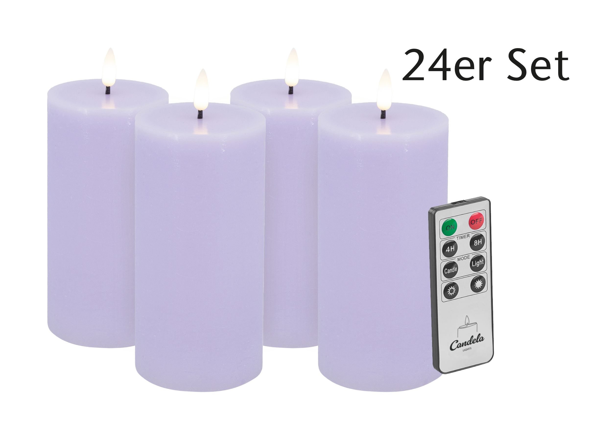 Candela LED Kerzen 24er Set H:15xØ7,5cm Summer Purple rustic Echtwachs mit Fernbedienung Timer Funktion & mehrstufig dimmbar flammenlos Echtwachskerzen Stumpenkerze