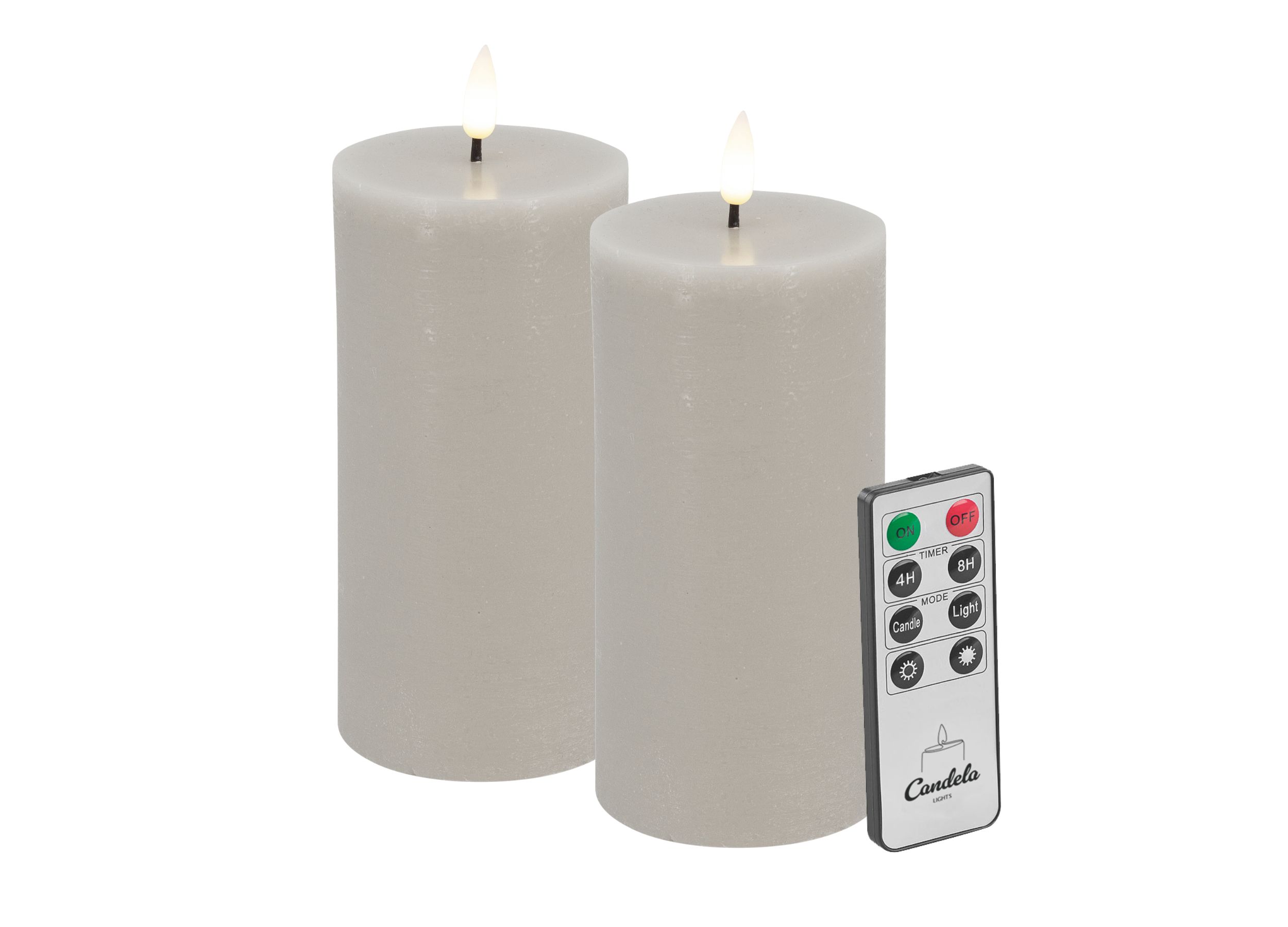 Candela LED Kerzen 2er Set H:15xØ7,5cm Sand rustic Echtwachs mit Fernbedienung Timer Funktion & mehrstufig dimmbar flammenlos Echtwachskerzen Stumpenkerze