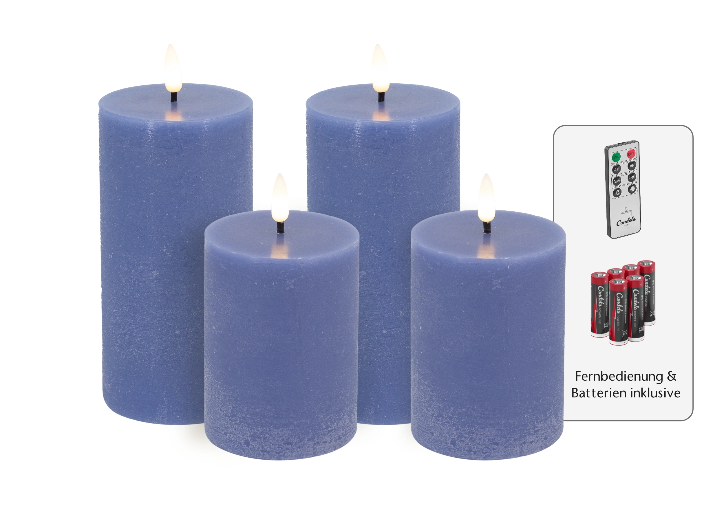 Candela Lights LED Kerzen 4er Set Basic Blau rustic Echtwachs inklusive Fernbedienung und 8 Batterien Timer Funktion & mehrstufig dimmbar flammenlos Echtwachskerzen Stumpenkerzen