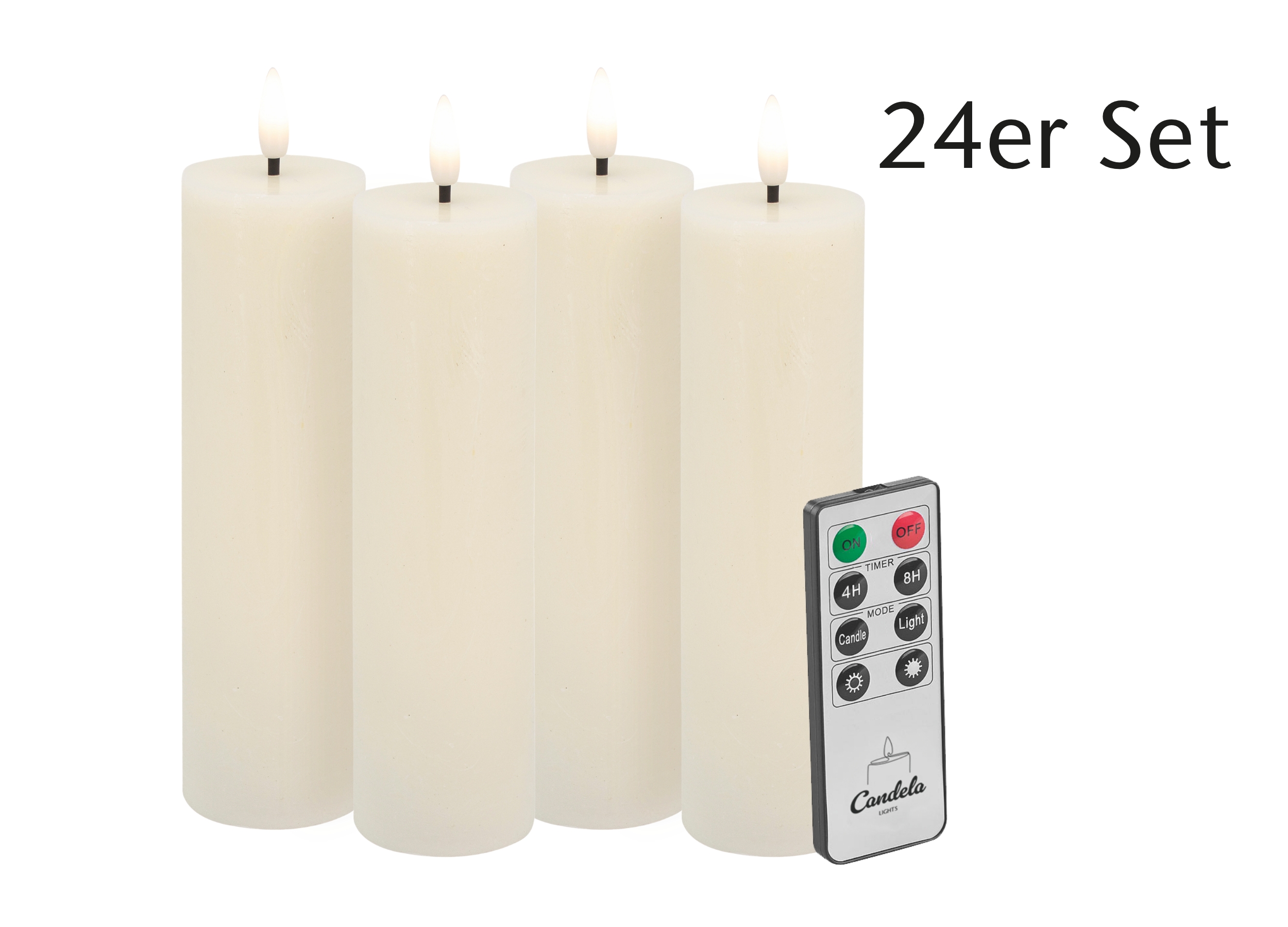 Candela LED Kerzen 24er Set H:17,5xØ5cm Creme rustic Echtwachs mit Fernbedienung Timer Funktion & mehrstufig dimmbar flammenlos Echtwachskerzen Stumpenkerze