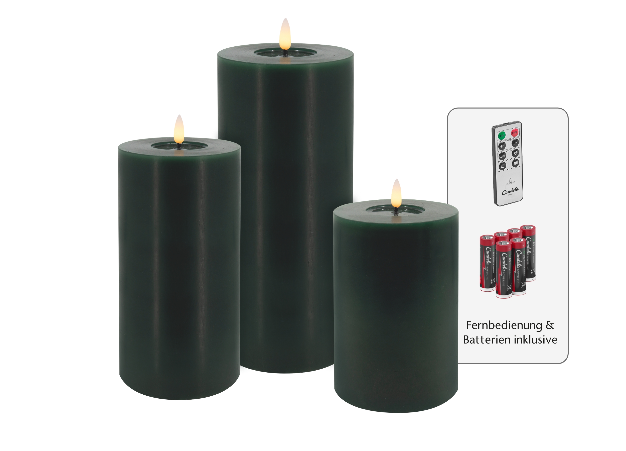 Candela Lights LED Kerzen 3er Set Winter Grün glatt Echtwachs inklusive Fernbedienung und 6 Batterien Timer Funktion & mehrstufig dimmbar flammenlos Echtwachskerzen Stumpenkerzen