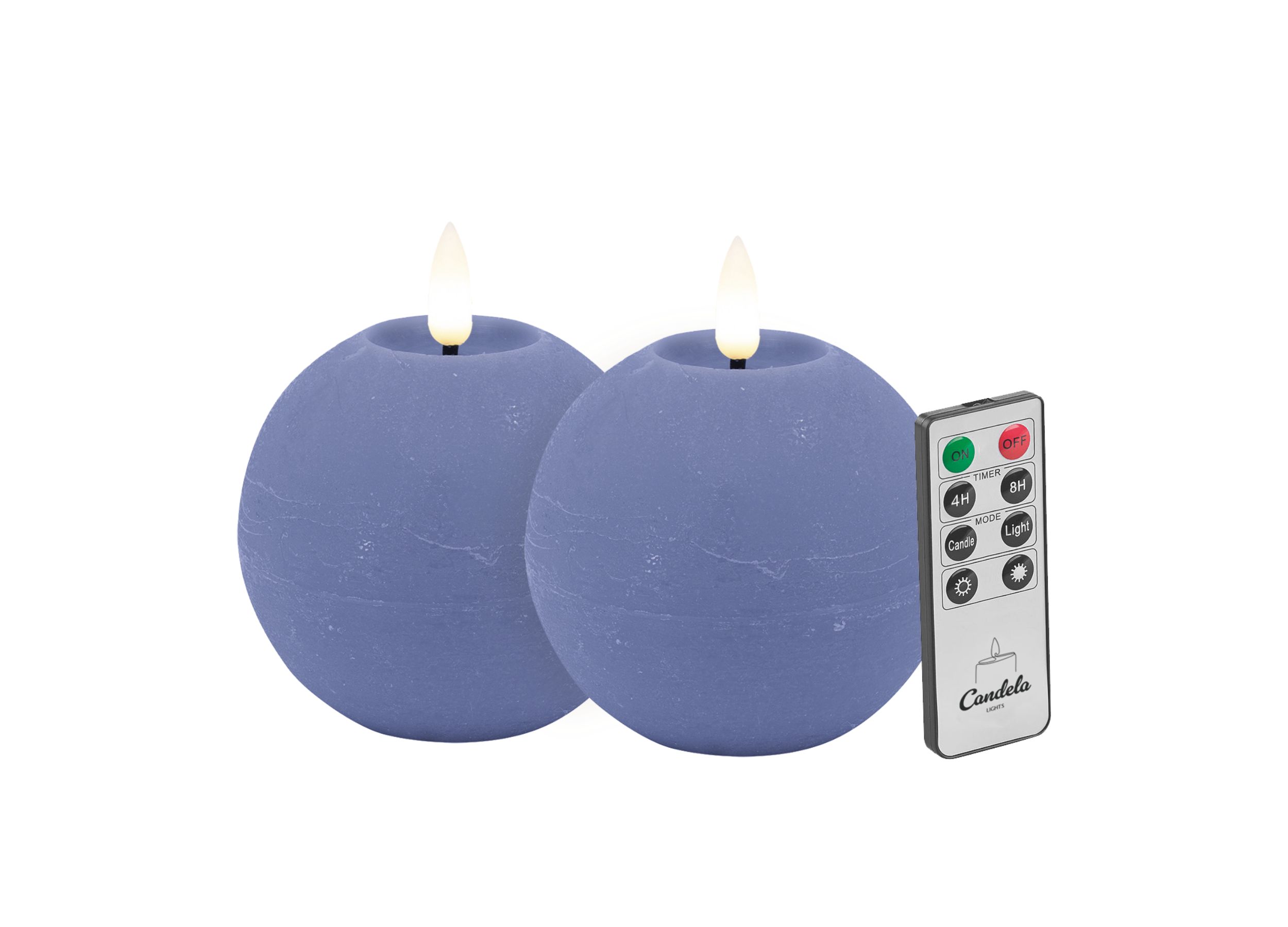 Candela LED Kerzen 2er Set H:8xØ10cm blue rustic Echtwachs mit Fernbedienung Timer Funktion & mehrstufig dimmbar flammenlos Echtwachskerzen Kugelkerze