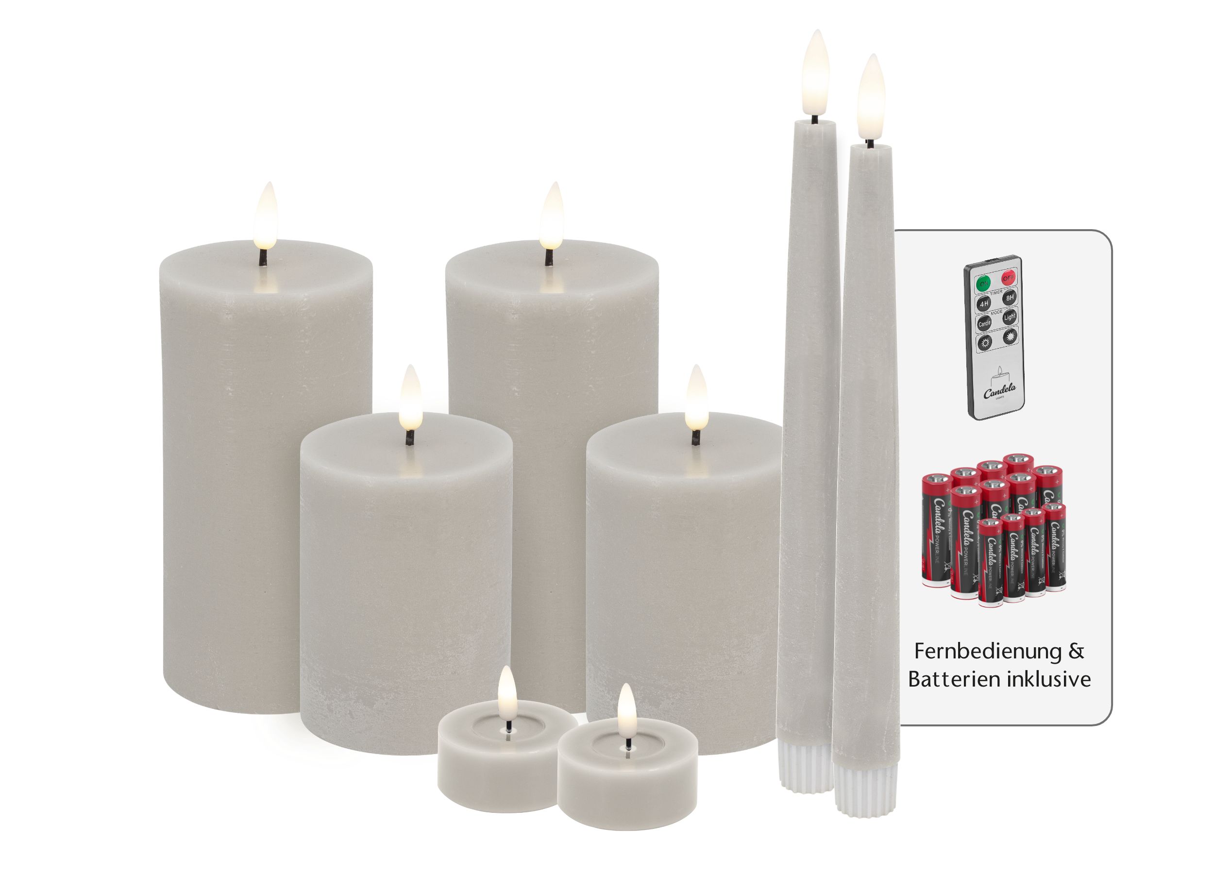 Candela Lights LED Kerzen 8er Set Basic Sand rustic Echtwachs inklusive Fernbedienung und Batterien Timer Funktion & mehrstufig dimmbar flammenlos Echtwachskerzen Stumpenkerzen